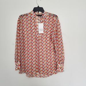 Zara sheer geometric print shirt NWT